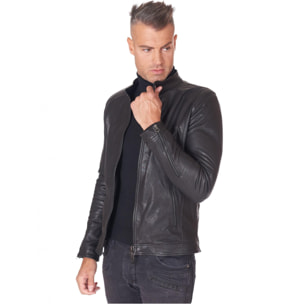 Giubbotto biker in pelle naturale nera collo coreana