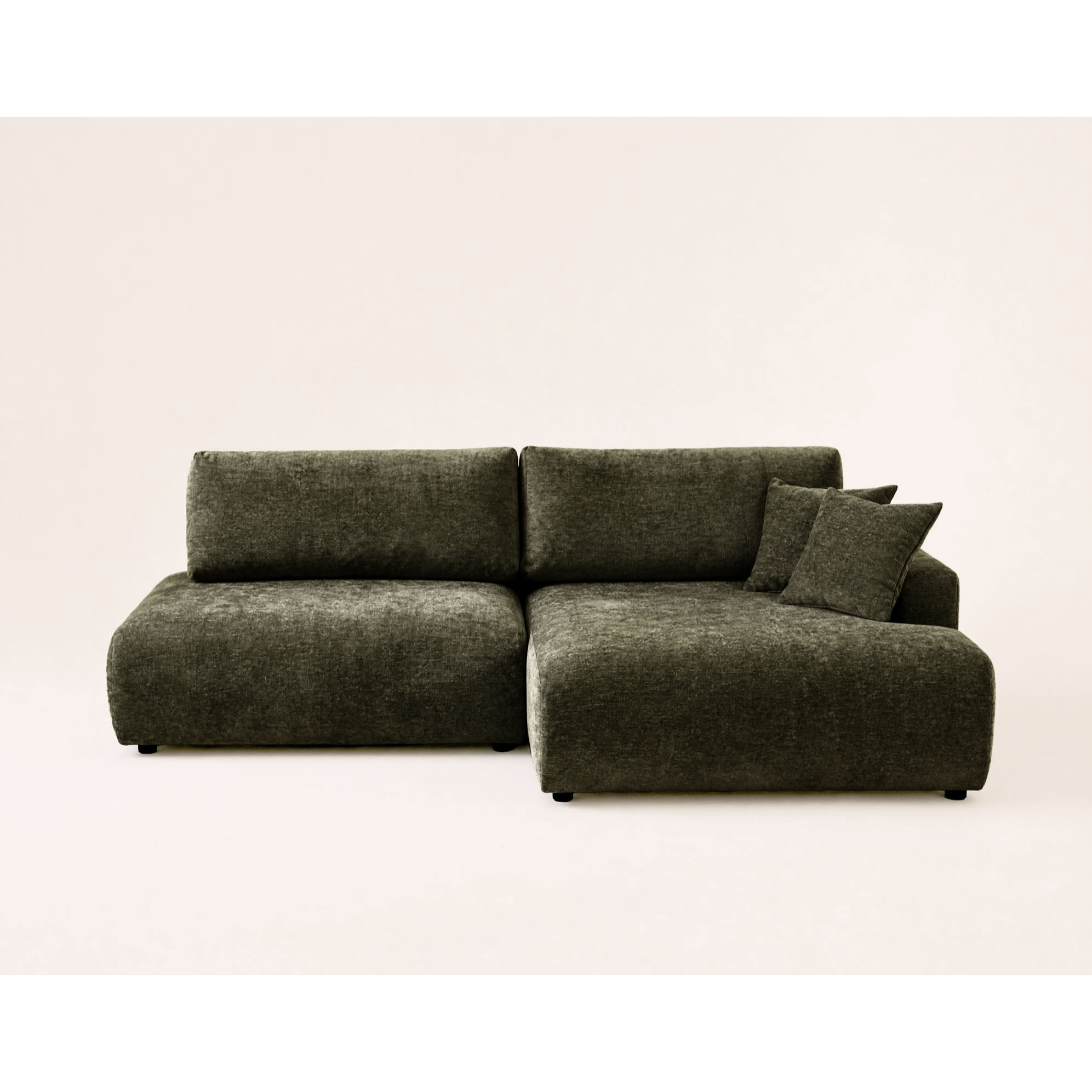 Pivoine - Canapé d'angle ouvert droit 4 places convertible avec coffre en tissu texturé - Vert Kaki