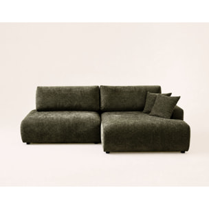 Pivoine - Canapé d'angle ouvert droit 4 places convertible avec coffre en tissu texturé - Vert Kaki