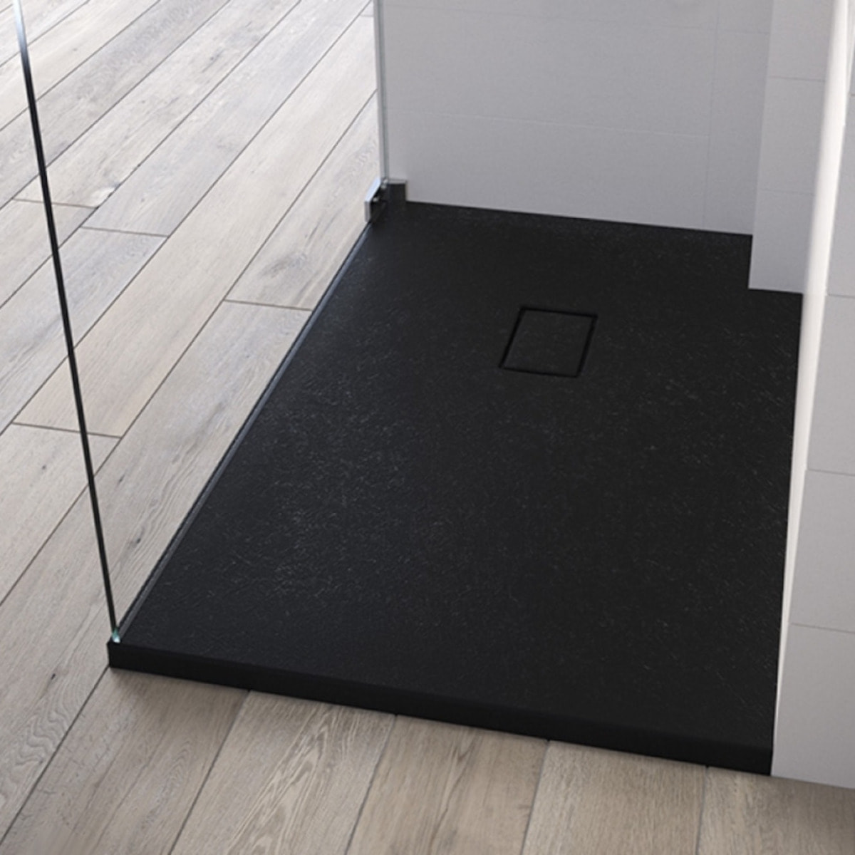 Receveur Kinesurf Pietra découpable 180x80 noir aspect pierre avec cache-bonde assorti et bonde extra-plate