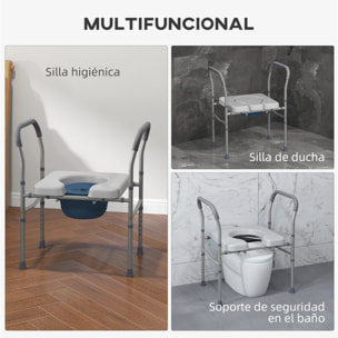 Silla WC Personas Mayores 4 en 1 Silla con Inodoro de Aluminio Silla de Ducha con Altura Ajustable y Almohadillas Antideslizantes Carga 136 kg para Discapacitados Embarazadas Gris