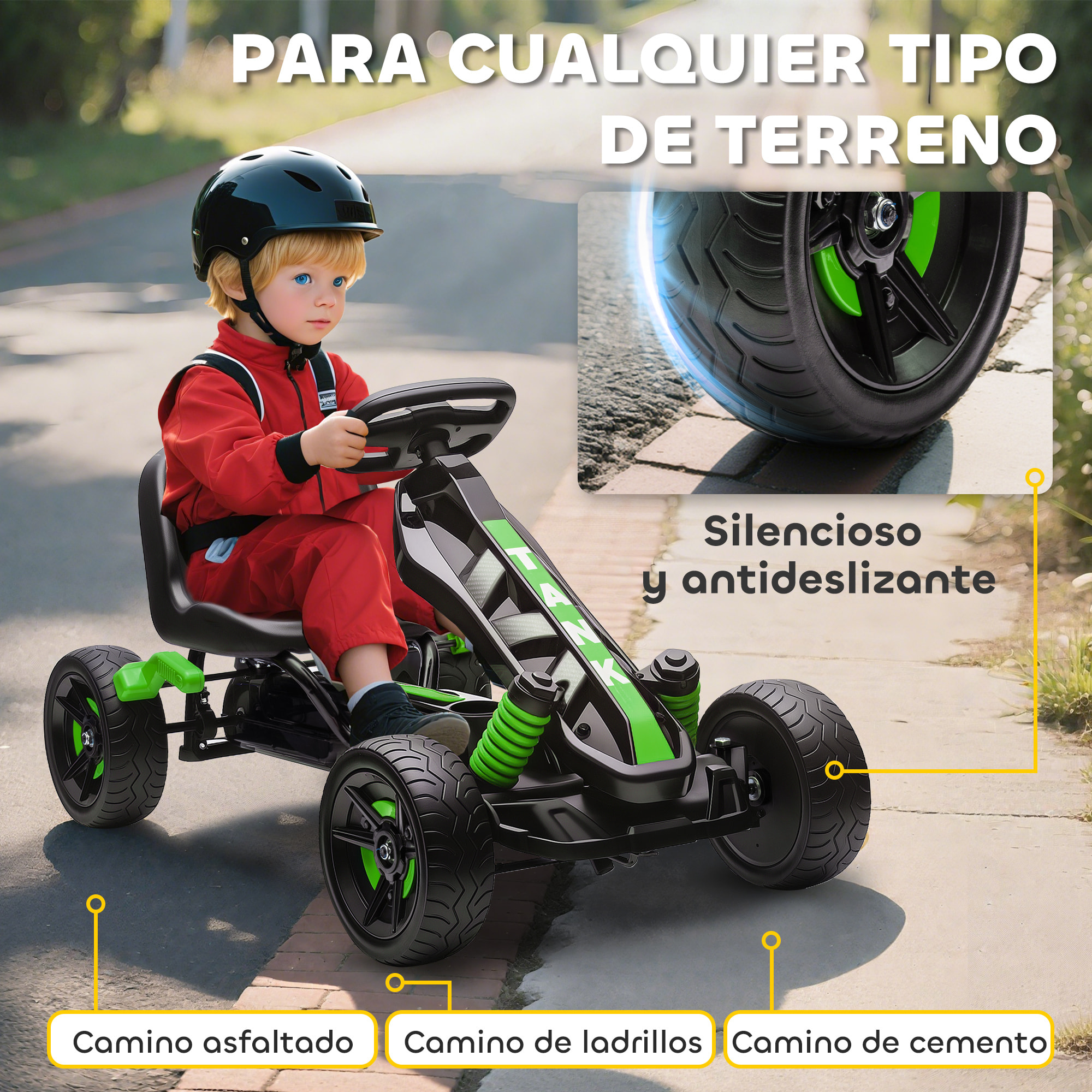 Kart Pedales para Niños de +3 Años Go Kart con Embrague Automático Freno Ruedas Antideslizantes de EVA y Marco Metálico Carga 50 kg Verde