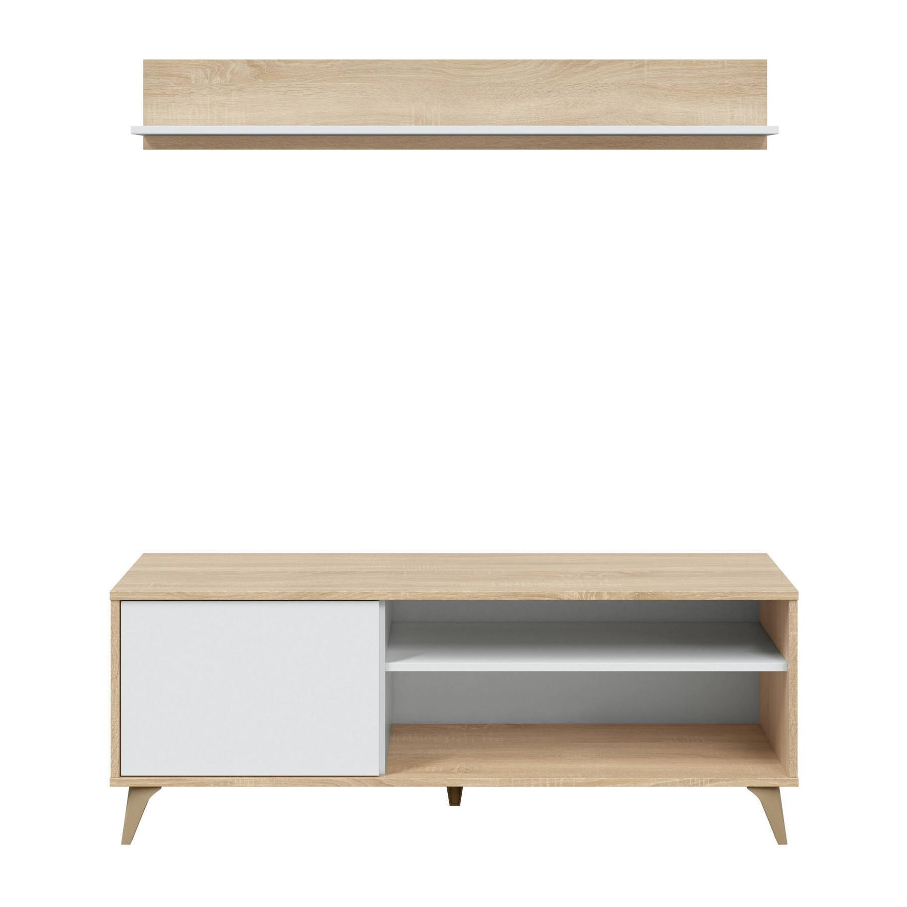 Mobile porta TV Mesa, Credenza per televisione da soggiorno con 1 anta, Supporto TV da salotto, Madia di design, cm 135x40h50, Rovere