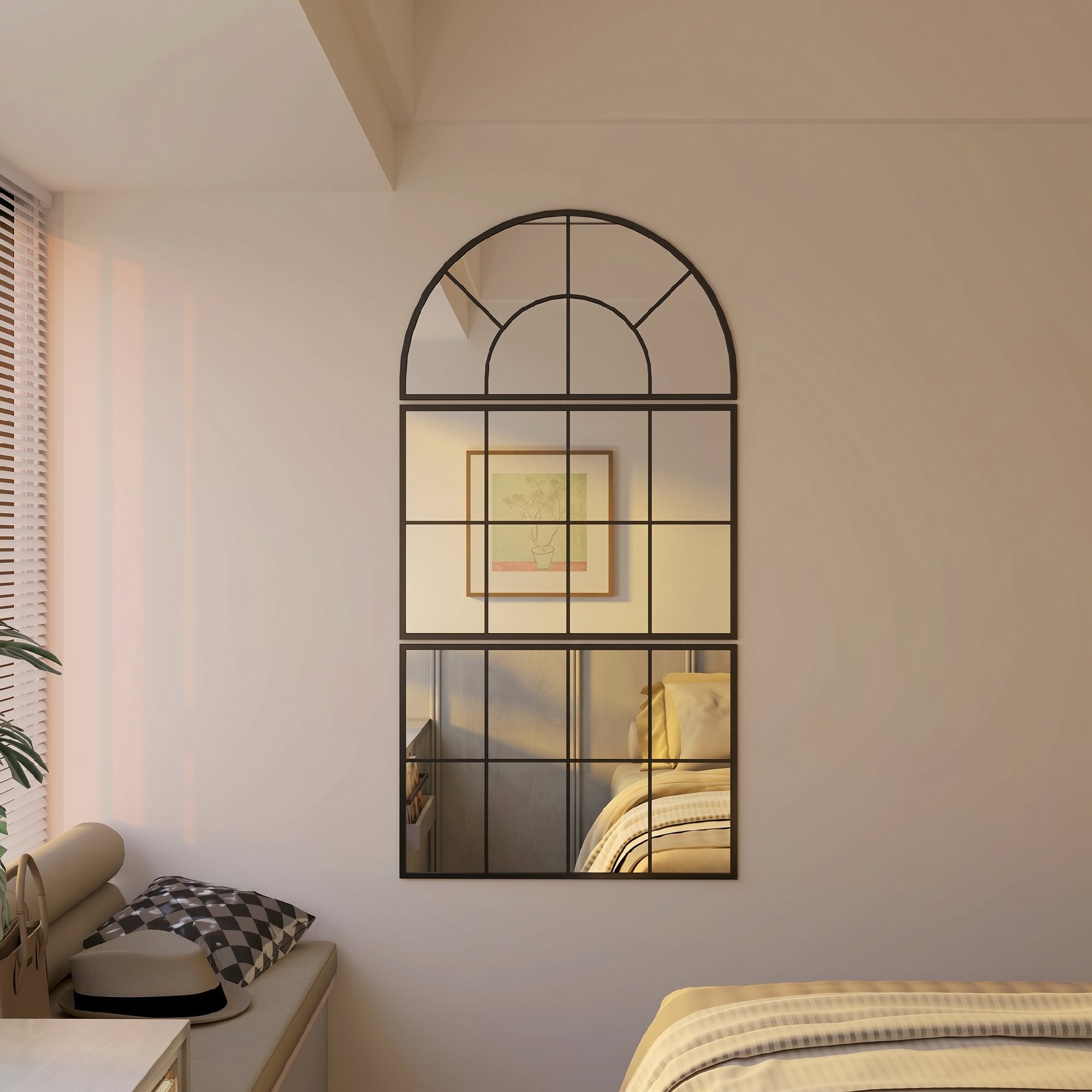 Espejo de Pared, 76x149 cm, 3 Piezas, Espejo de Recibidor con Marco de Metal en Forma de Ventana, Decoración para Salón, Dormitorio, Entrada, Negro