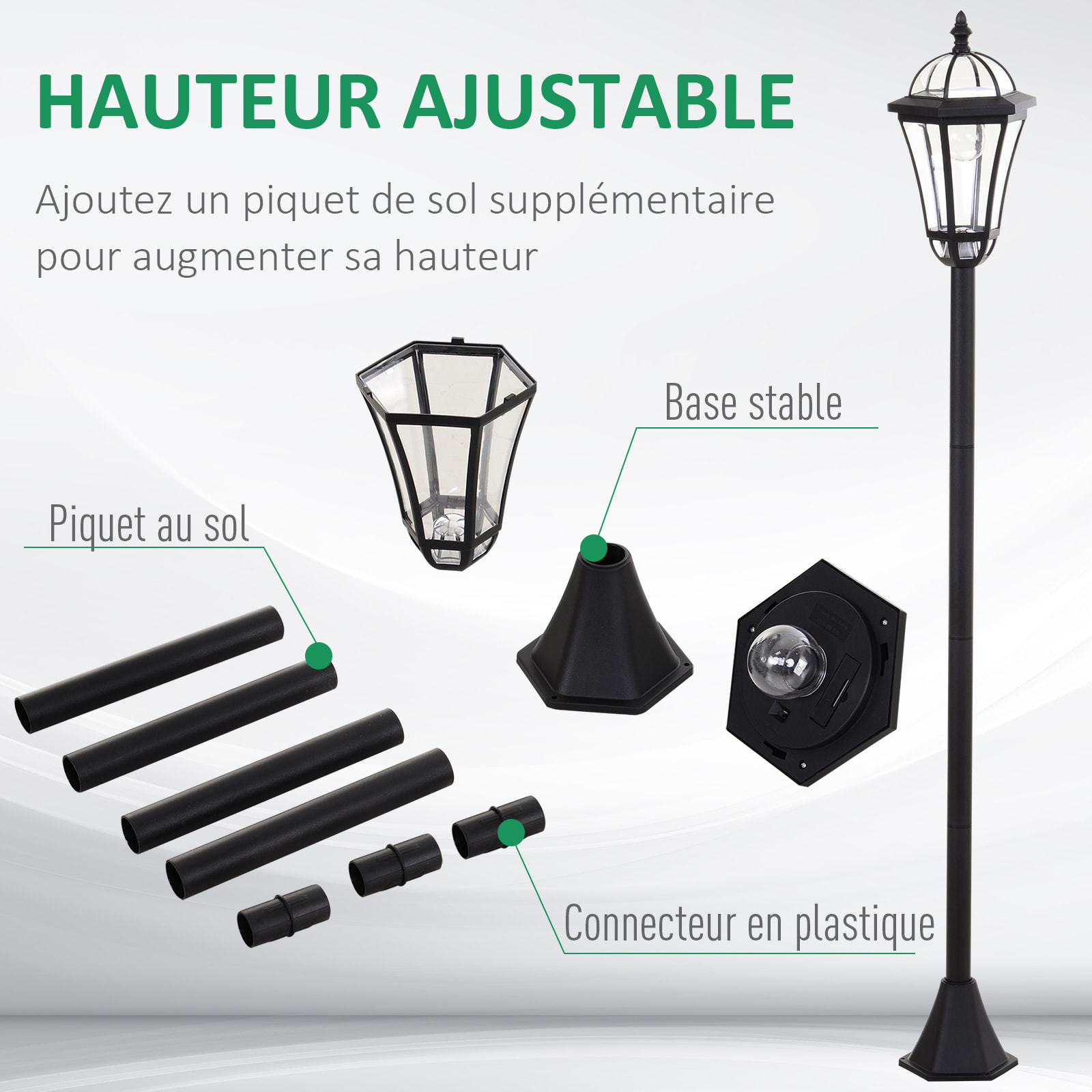 Lot de 2 luminaires extérieurs solaires lampadaires lanternes classiques LED 15 Lm Ø 18,5 x 129H cm noir