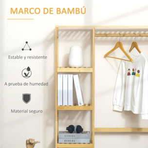 Perchero Burro de Bambú Perchero de Pie con Estantería de 4 Niveles con Barra Estante Inferior y Colgador Lateral para Ropa Bolsas Dormitorio 90x30x155 cm Natural