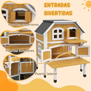 Casa para Gatos de Madera 78x82x93 cm Caseta para Gatos de 2 Niveles Refugio para Gatos con Techo Asfáltico Terraza y Plataforma de Salto Natural