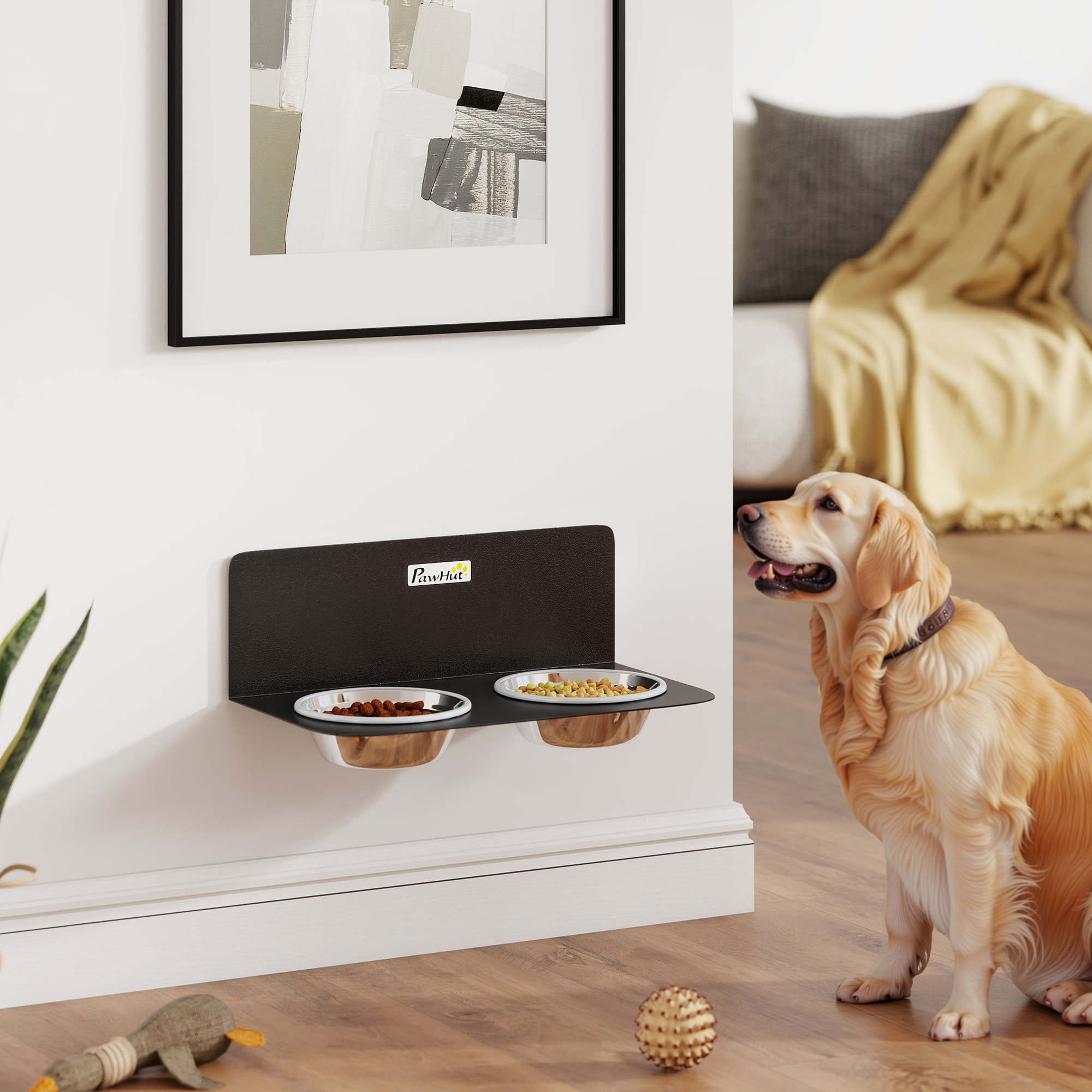 Gamelle chien murale double dim. 42 x 23 x 14 cm acier inox noir