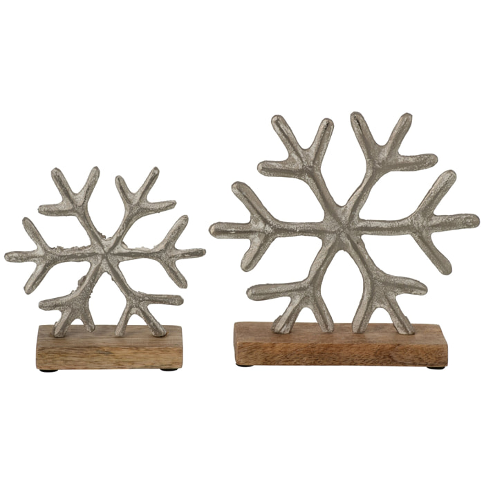 J-Line Set de 2 flocons de neige sur base - aluminium - blanc cassé/naturel