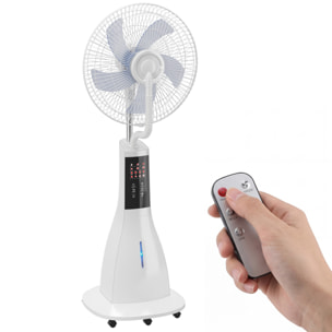 Ventilador Nebulizador, 90W, Ventilador con Agua, Oscilación 75°, 3 Velocidades, 5 Aspas, 3 Modos, Depósito de Agua 3L, Temporizador 7,5h, Control Remoto, 5 Ruedas, para Hogar, Oficina, Blanco