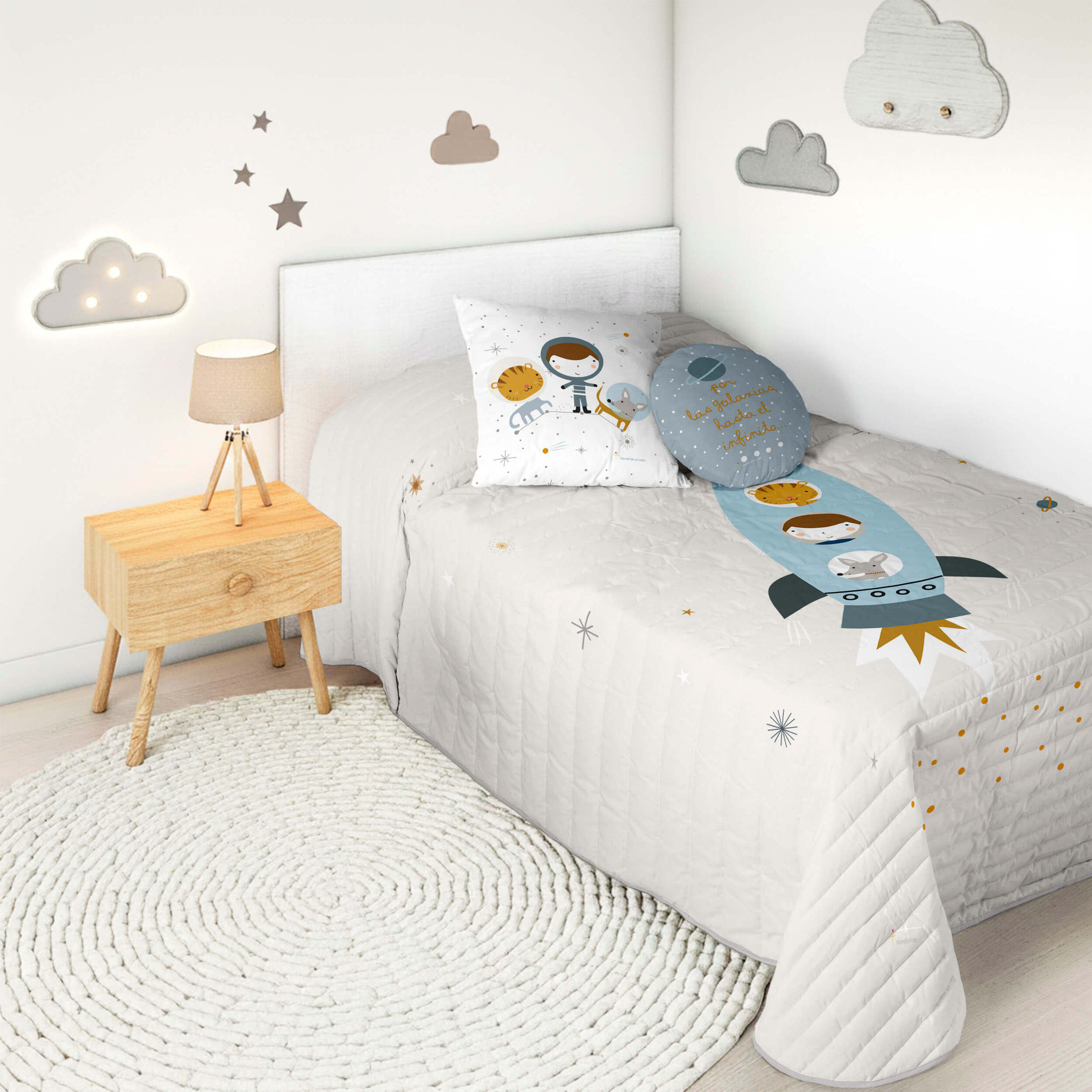 Colcha Bouti Estampada - Reversible - Infantil - 100% Algodón - 70 gr/m² - Viaje Espacial