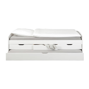 Letto con cassetti contenitore e secondo letto inferiore a estrazione, in pino massello tinto bianco, cm 98x205x63, reti escluse