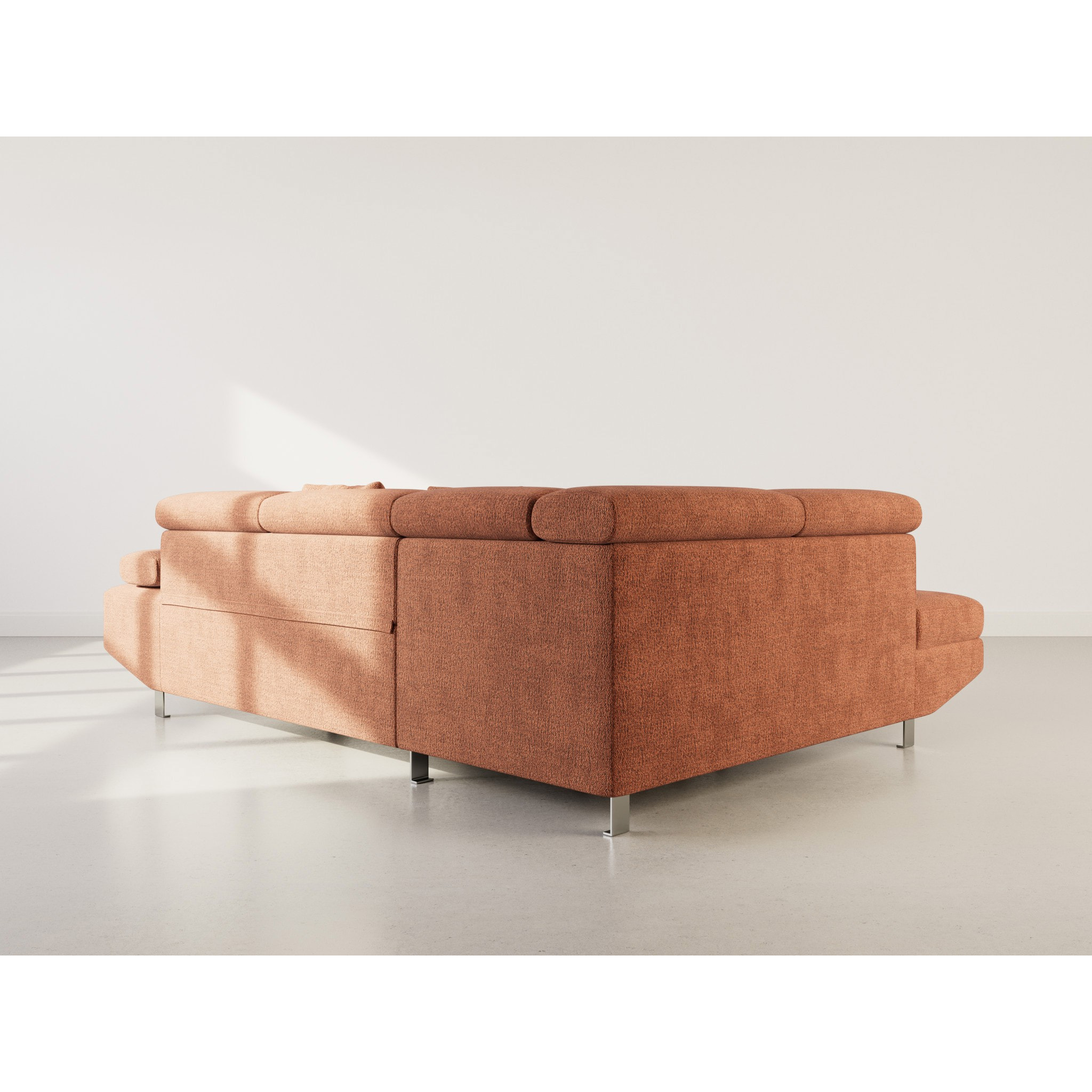 Margaux - Canapé d'angle gauche 5 places convertible avec coffre et têtières réglables en velours texturé - Terracotta