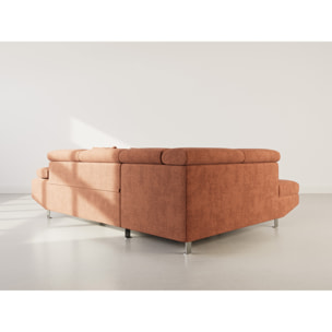 Margaux - Canapé d'angle gauche 5 places convertible avec coffre et têtières réglables en velours texturé - Terracotta