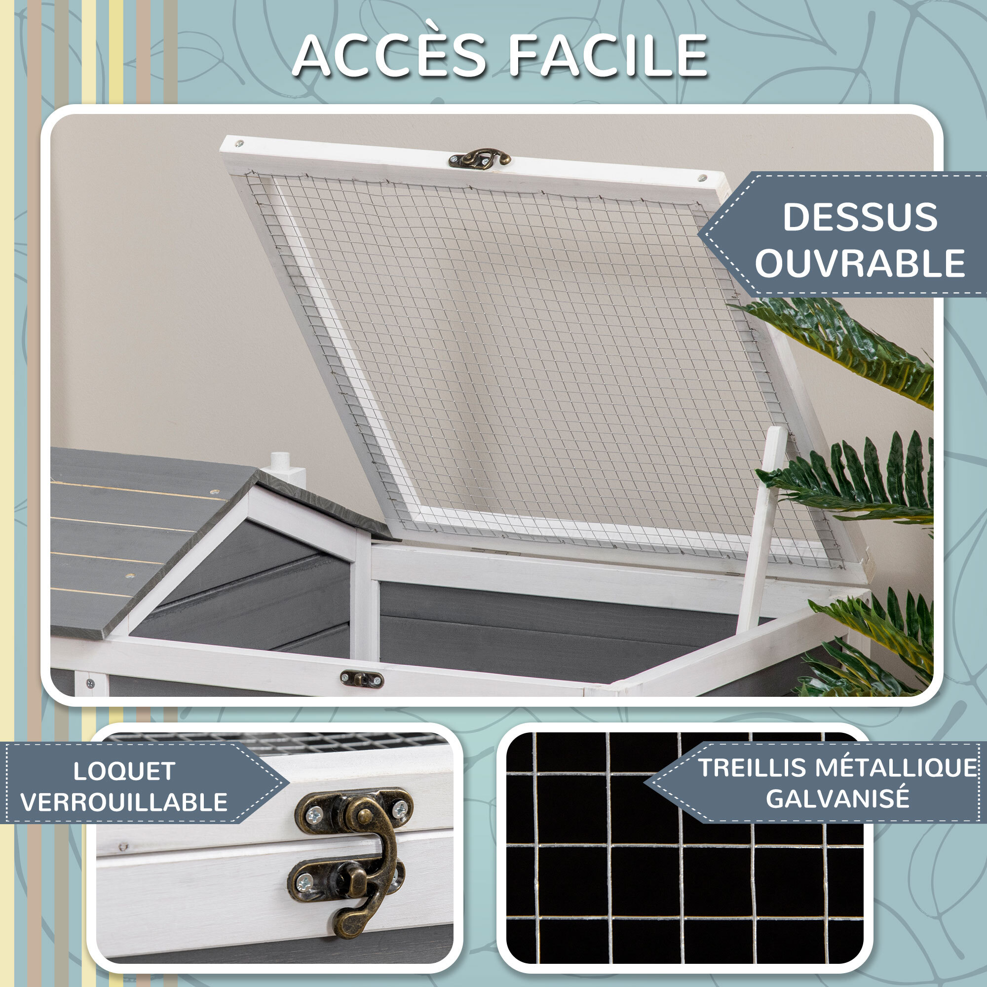 Enclos pour tortue - parc pour tortue - niche, enclos extérieur grillagé, toit ouvrant verrouillable - sapin gris blanc