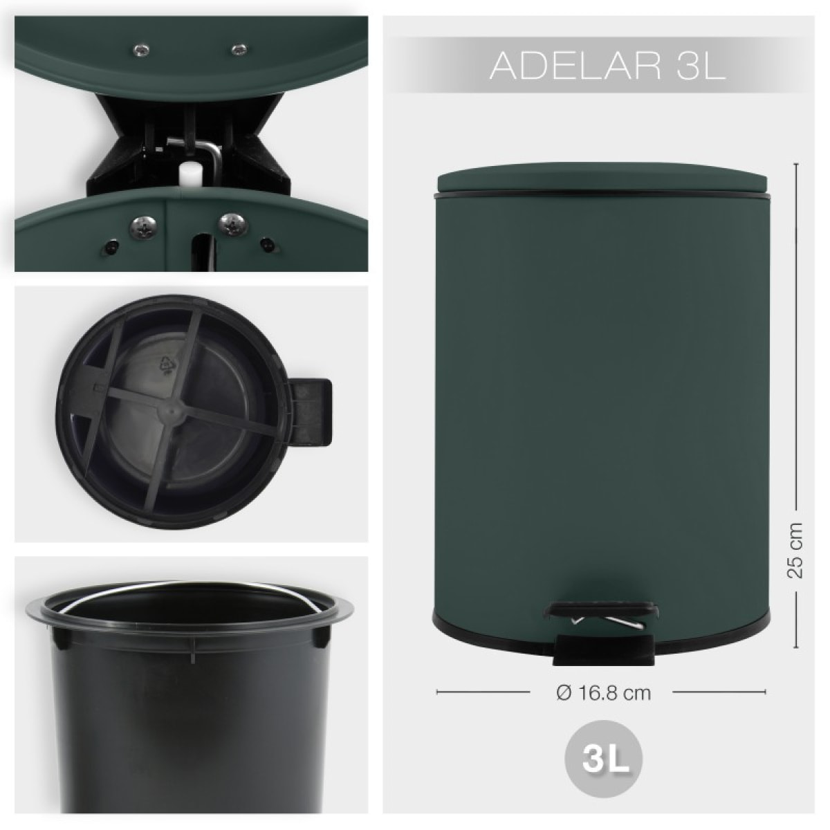 Spirella Poubelle à  pédale Acier ADELAR 3L Vert Foncé Mat