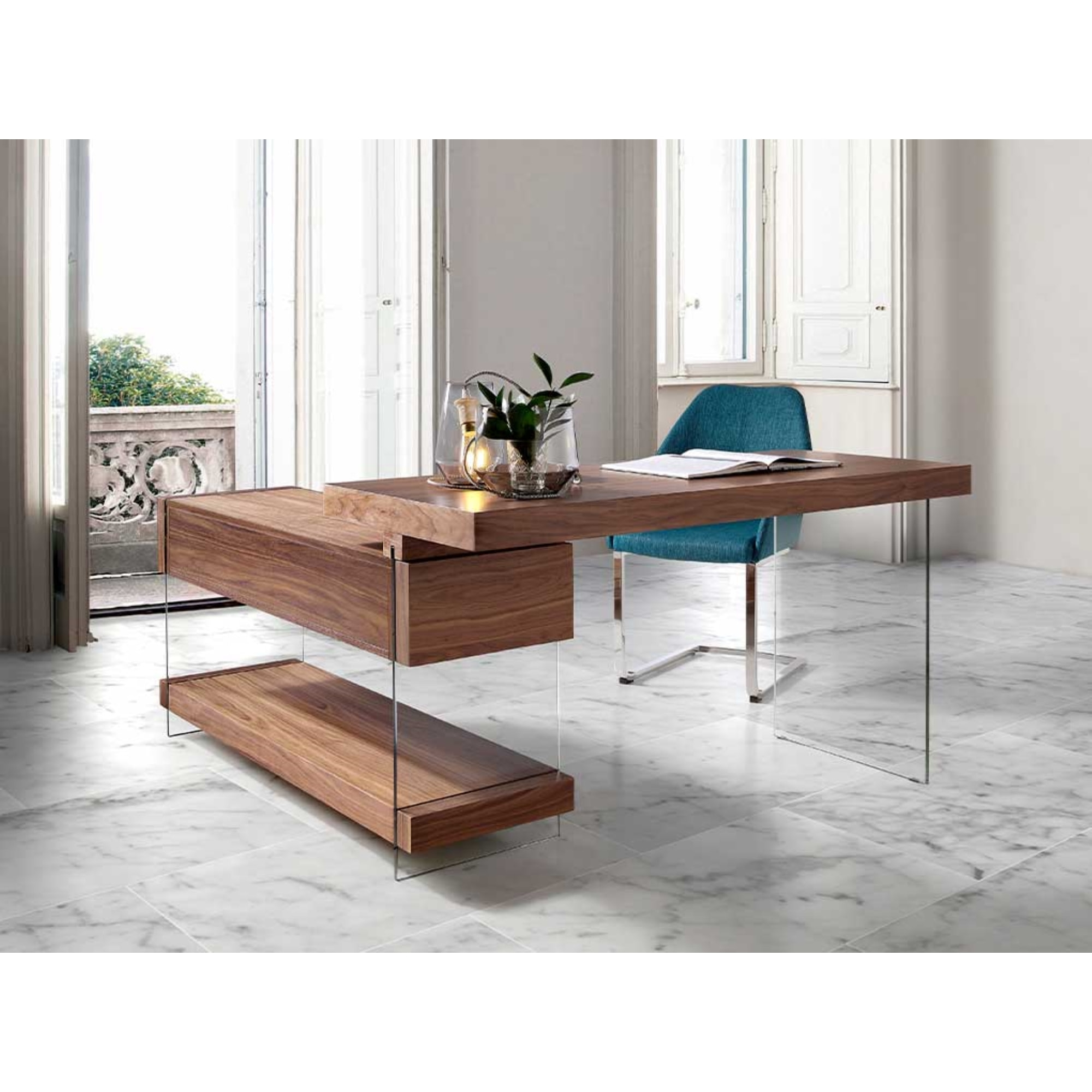 Escritorio – Nogal y cristal templado