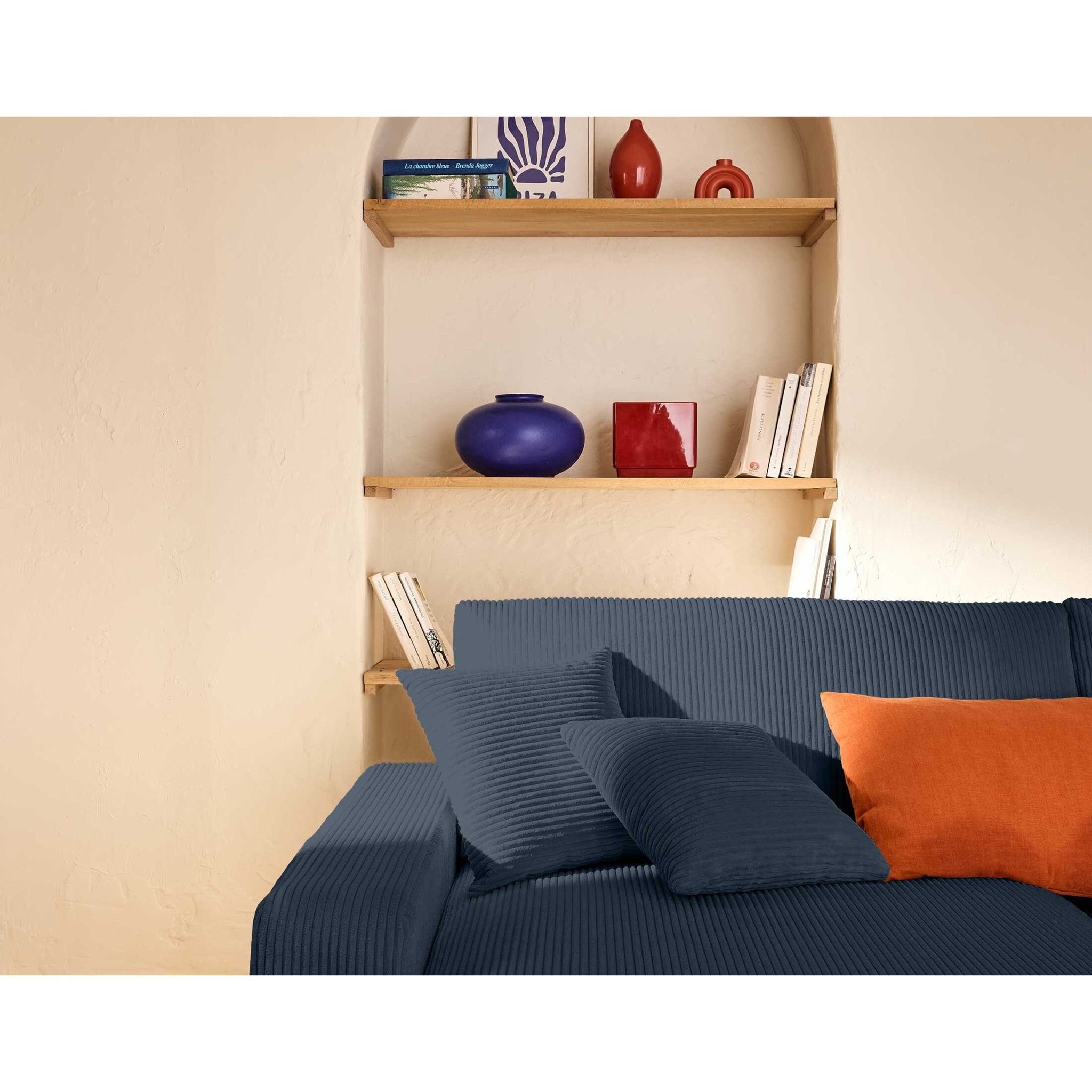 Pivoine - canapé panoramique en U - 7 places - convertible avec coffre - en velours côtelé - Bleu nuit