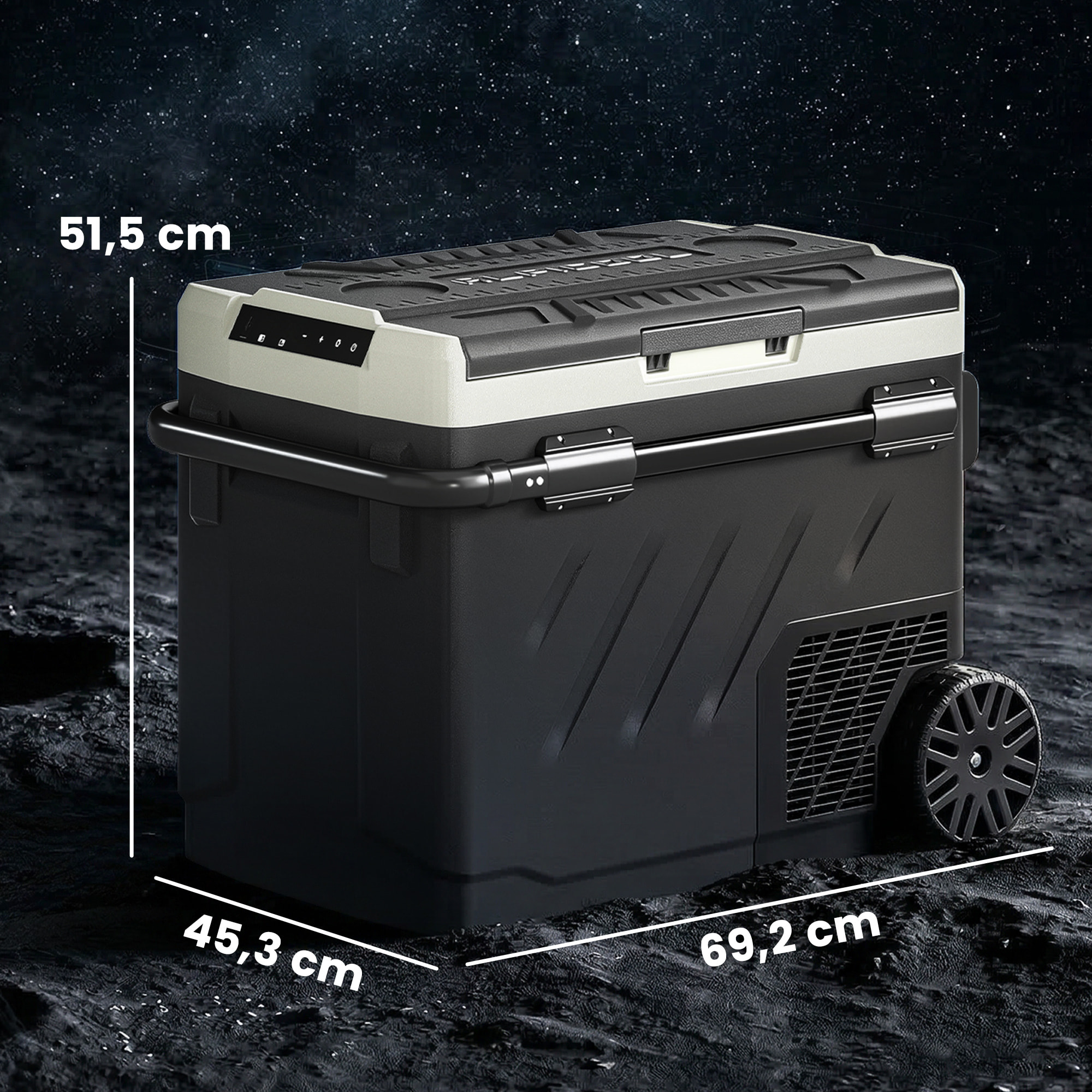 Nevera Portátil Eléctrica 49L 12/24/240V Refrigerador de Coche con Compresor Doble Zona Control por App Luz LED Pantalla Modos ECO y MAX de -20℃ a +20 ℃ Asa Telescópica Ruedas y Puerto USB