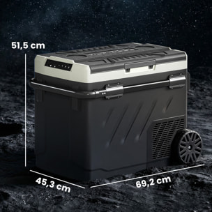 Nevera Portátil Eléctrica 49L 12/24/240V Refrigerador de Coche con Compresor Doble Zona Control por App Luz LED Pantalla Modos ECO y MAX de -20℃ a +20 ℃ Asa Telescópica Ruedas y Puerto USB