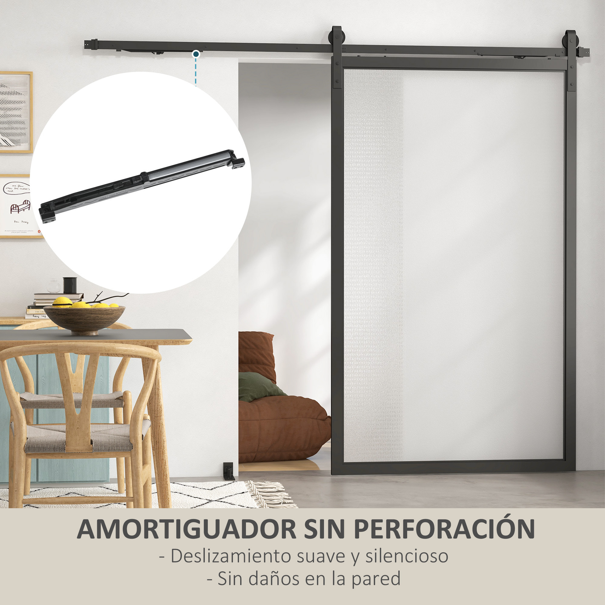 8FT/244cm Herrajes para Puerta Corredera con Amortiguador sin Perforación Kit de Accesorios para Puerta Corrediza con 2 Rieles para Granero Negro