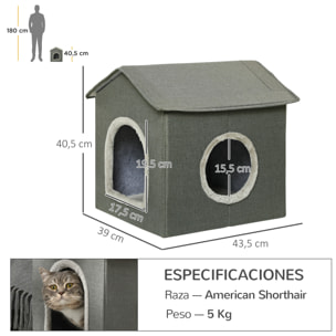 Casa para Gatos Cama para Gatos Cueva para Gatos con 2 Puertas y Cojín Lavable 39x43,5x40,5 cm Gris