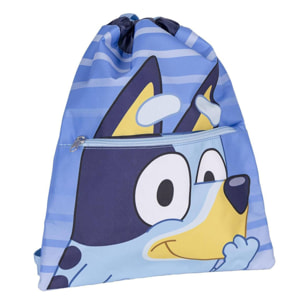 Saquito escolar infantil de bluey - color azul - 27x33x1 cm - fabricado en poliéster - con bolsillo delantero y asas con velcro