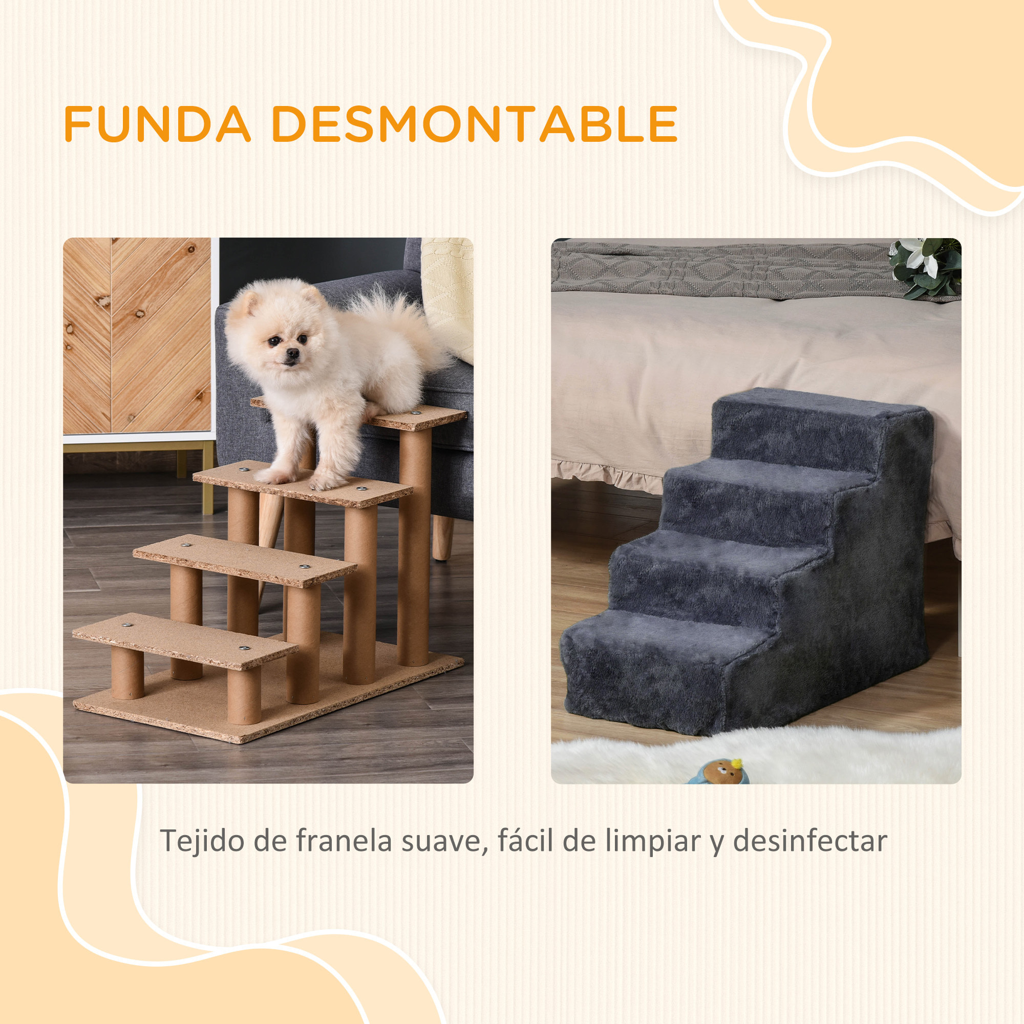 Escalera para Perros de 4 Peldaños Escalera para Mascotas con Funda Extraíble y Lavable para Cama Sofá 60x35x44 cm Gris Oscuro