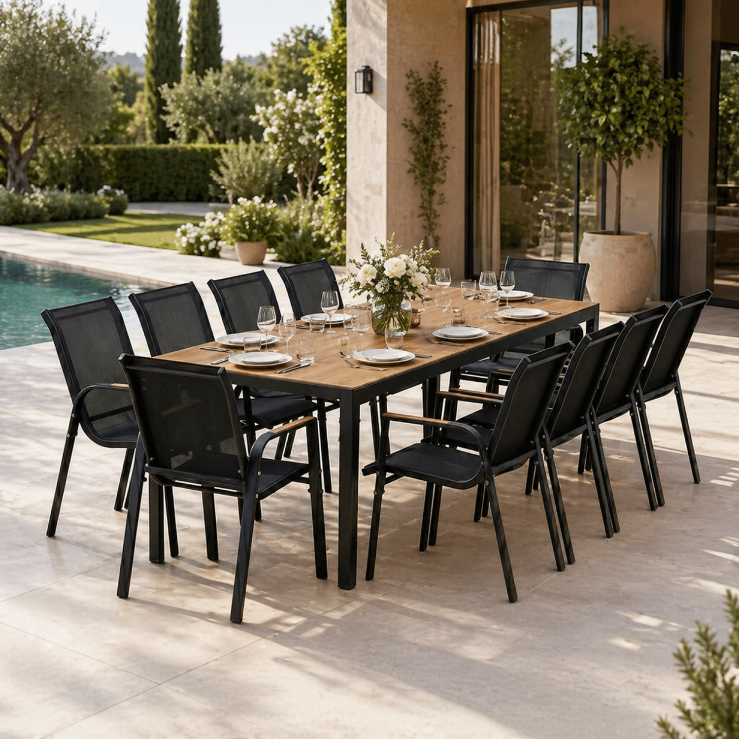 Salon de jardin 10 places avec table 240cm effet bois PANAY