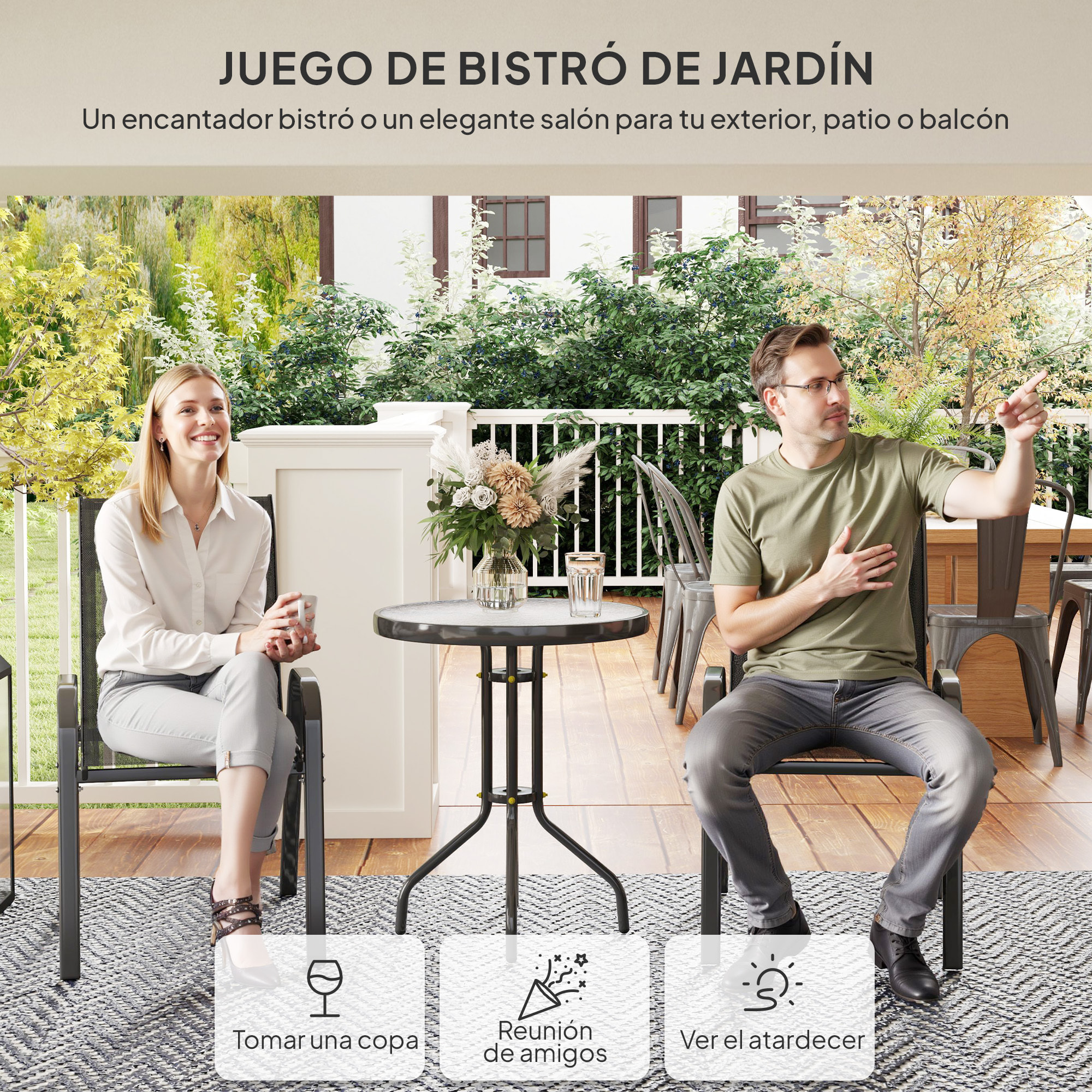 Conjunto de Mesa y Sillas de Terraza Exterior de 3 Piezas Muebles de Jardín Exterior con Sillas Apilables Encimera de Vidrio y Estructura de Acero para Patio Negro