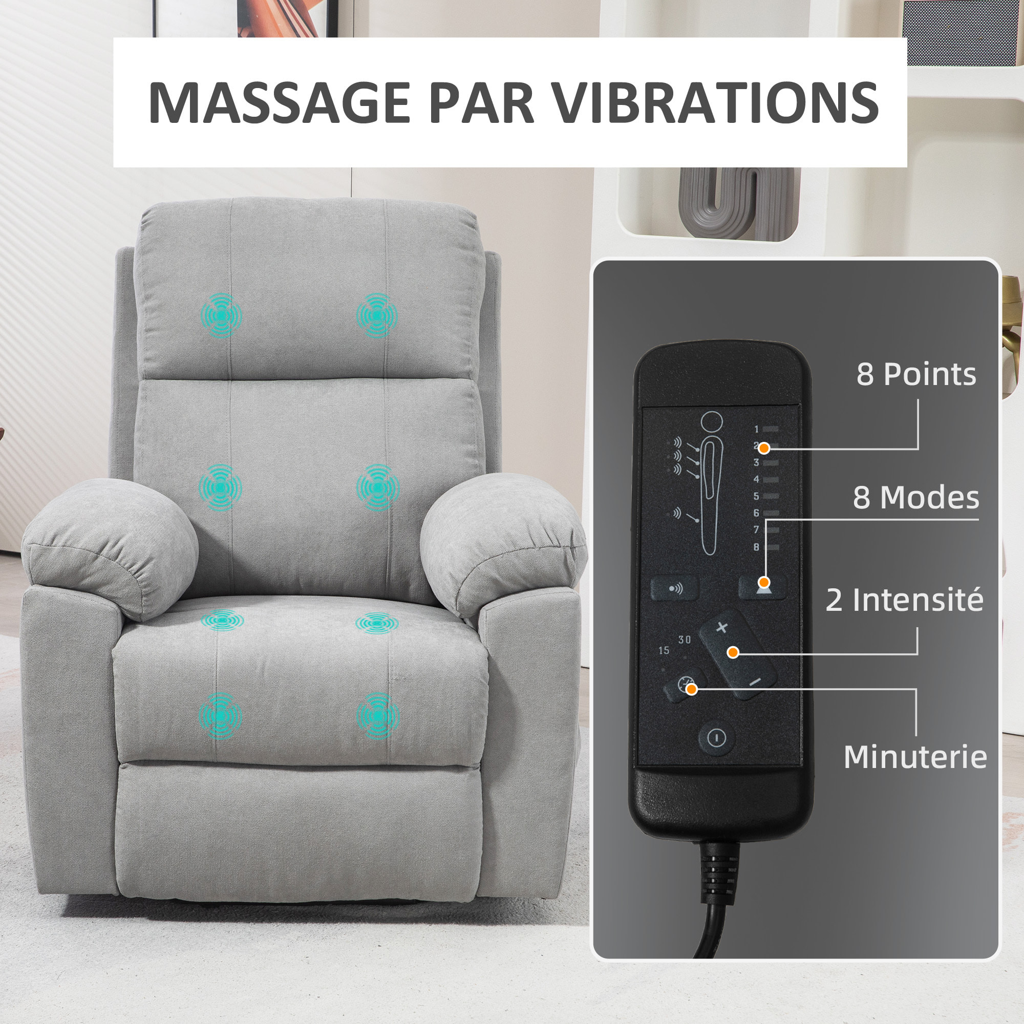 Fauteuil de massage fauteuil releveur électrique inclinaison réglable repose-pied ajustable tissu gris clair