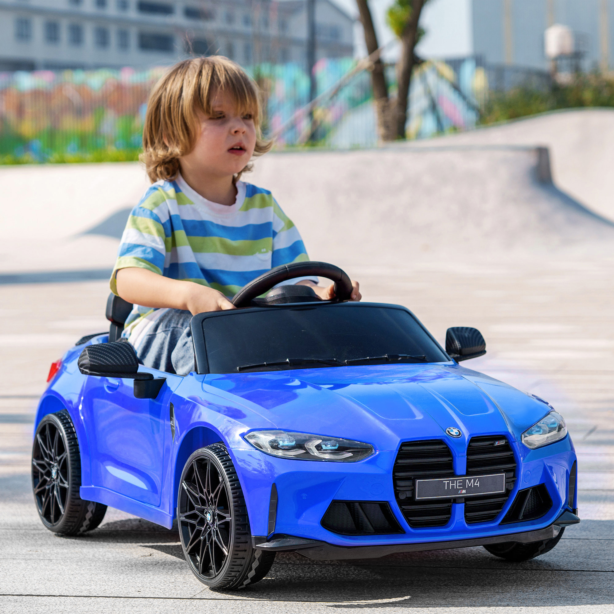 Coche Eléctrico para Niños12V BMW M4 Coche de Batería para Niños con Mando a Distancia Faros Bocina Música Velocidad 3-5 km/h Marcha Adelante y Atrás Cinturón de Seguridad Azul