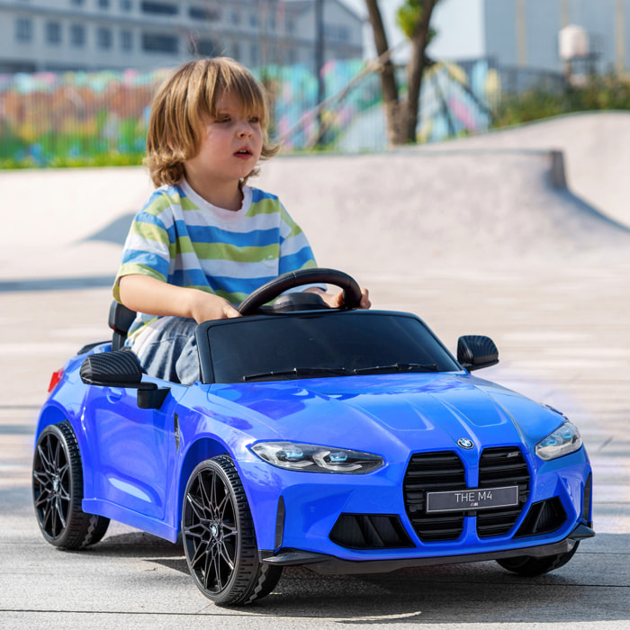 Coche Eléctrico para Niños12V BMW M4 Coche de Batería para Niños con Mando a Distancia Faros Bocina Música Velocidad 3-5 km/h Marcha Adelante y Atrás Cinturón de Seguridad Azul
