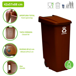 Contenedor - cubo de basura wellhome reciclo 110 litros,color marrón cerrado con tapa, ideal para reciclaje de residuos orgánicos, con ruedas