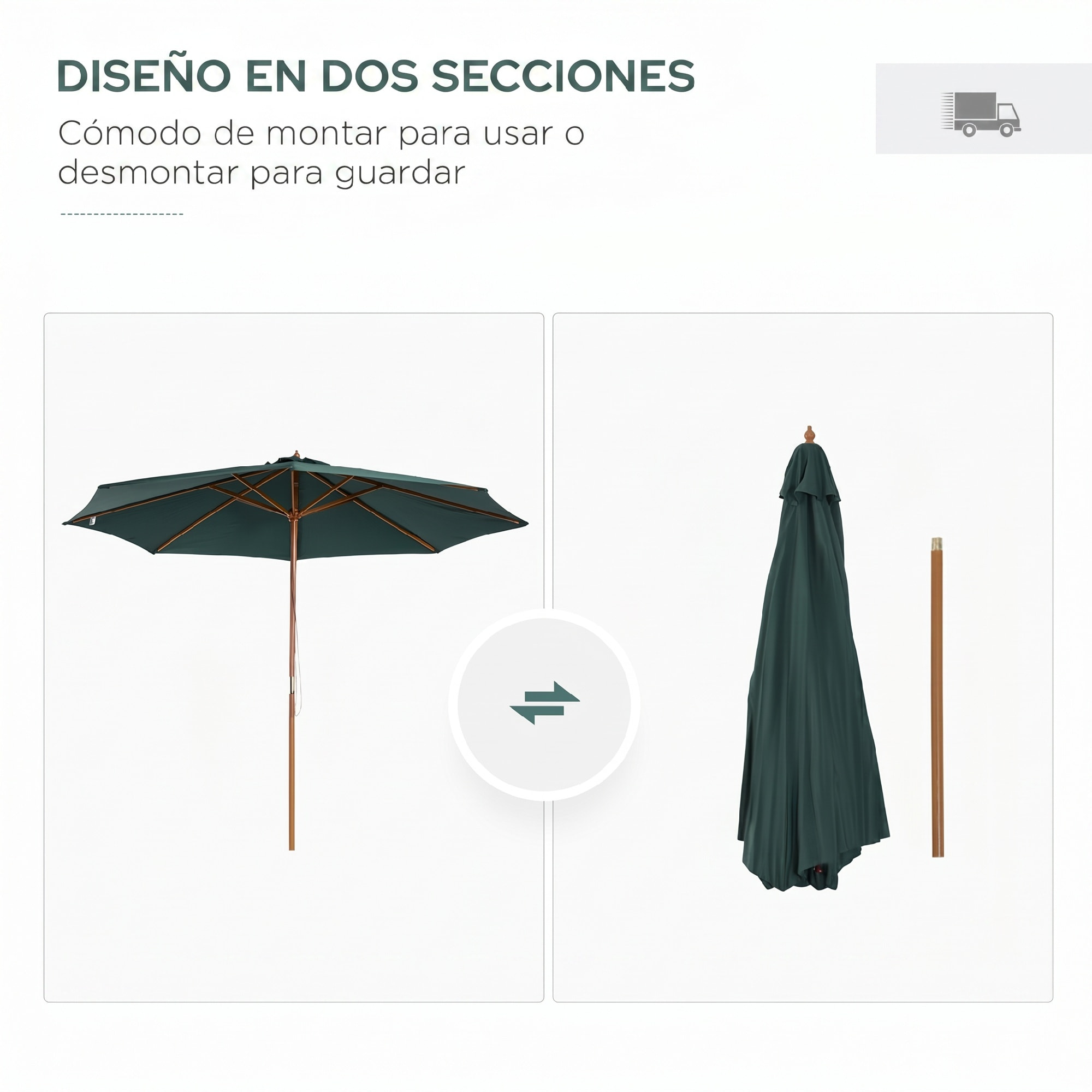 Outsunny Sombrilla Ø300x250 cm Parasol con Poste de Madera con Sistema de Poleas de 8 Varillas con Fijación para Jardín Patio Terraza Verde