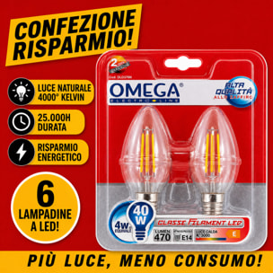 OMEGA Set 6 Lampadine Filament LED Candela 4W E14 3000K