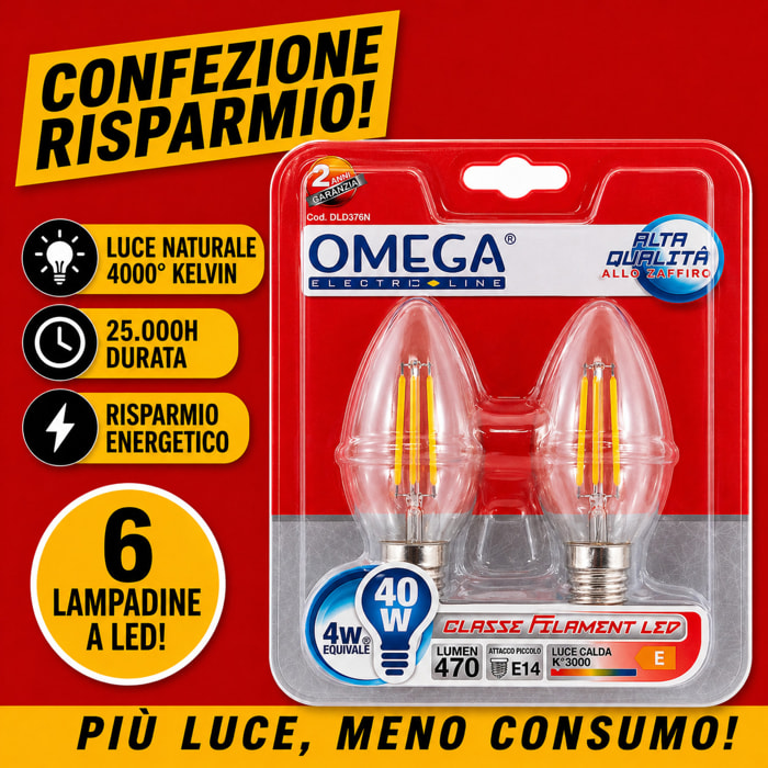 OMEGA Set 6 Lampadine Filament LED Candela 4W E14 3000K