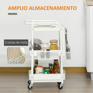 HOMCOM Carrito de Cocina de Acero con Ruedas Carro de Almacenamiento de 3 Niveles 4 Ganchos Asa 2 Cestas Colgantes y Frenos para Baño Salón Dormitorio 51,5x32x75,6 cm Blanco