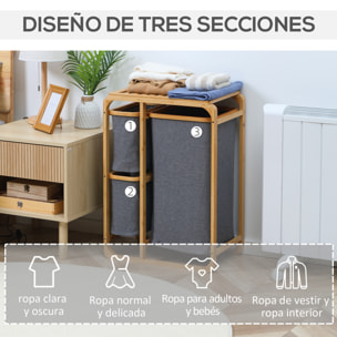 HOMCOM Cesto para Ropa Sucia de Bambú Cesta para la Colada con 3 Bolsas de Tela Extraíbles y Estante Abierto para Baño Dormitorio 50x32x69,7 cm Gris