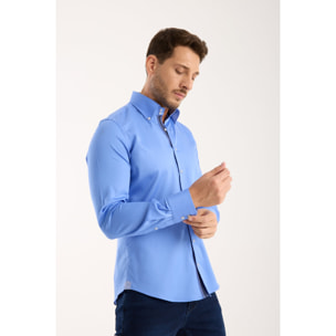 Camicia Uomo 2 Bottoni Button Down Slim Satin Unito Celeste Medio