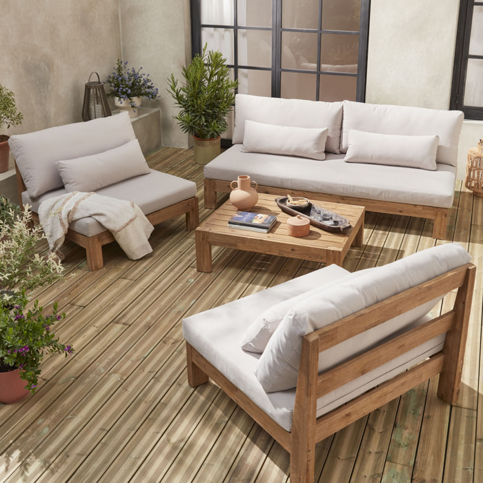 Salon de jardin XXL en bois brossé. effet blanchi – BAHIA – coussins beiges. ultra confortable. 5 places