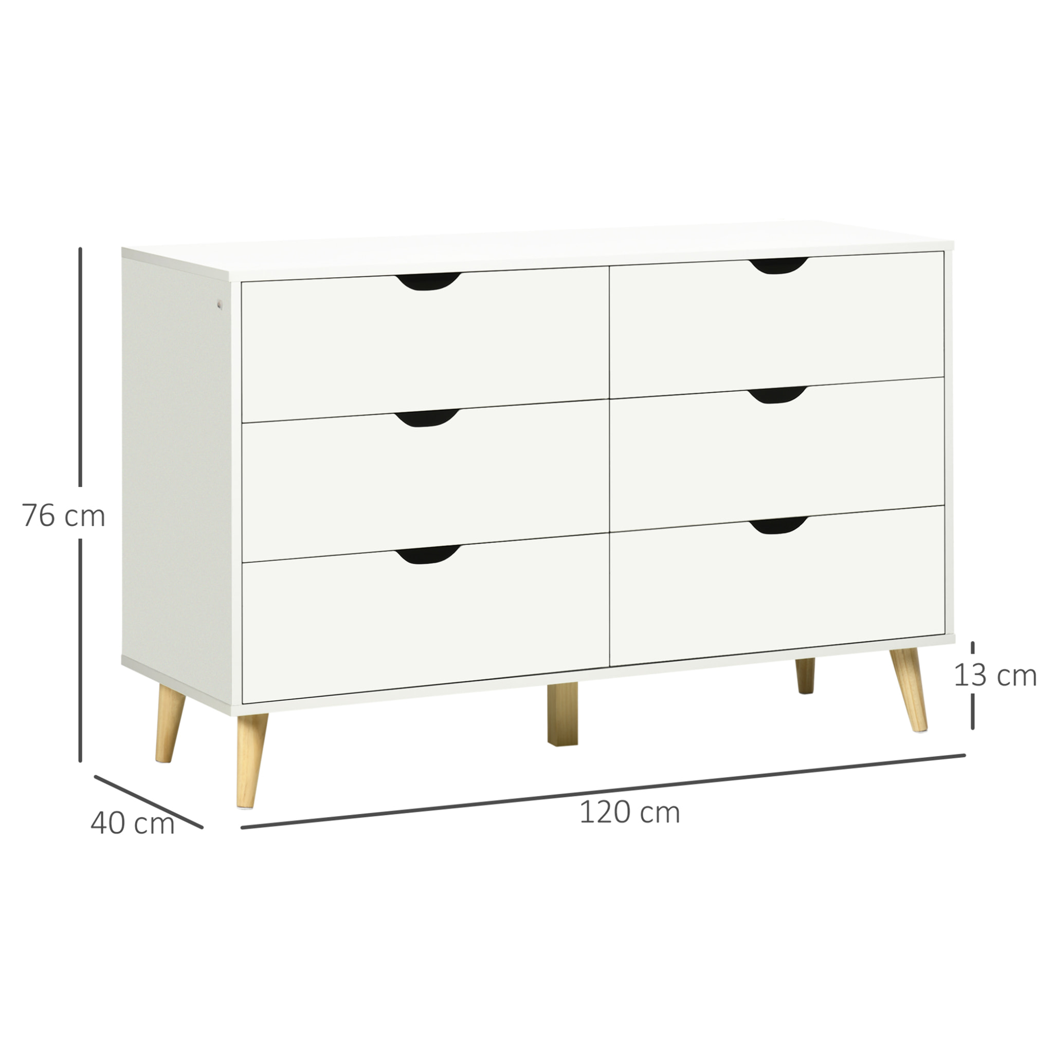 Cómoda con 6 Cajones Cajonera de Armario Mueble Organizador con Cajones para Cocina Dormitorio Salón Estudio Estilo Moderno Antivuelco 120x40x76 cm Blanco