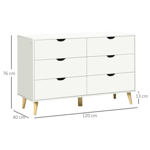 Cómoda con 6 Cajones Cajonera de Armario Mueble Organizador con Cajones para Cocina Dormitorio Salón Estudio Estilo Moderno Antivuelco 120x40x76 cm Blanco