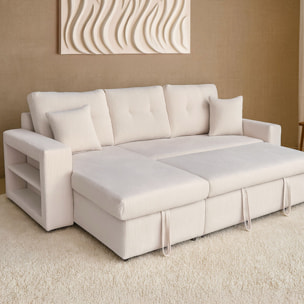 SAN DIEGO Canapé d'angle convertible 4 places avec coffre en velours côtelé beige