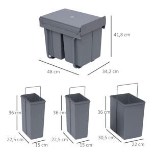 Poubelle de tri coulissante - 3 bacs amovibles avec poignée - 2 x 10L et 1 x 20L - métal PP gris