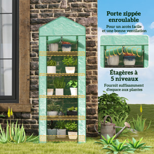 Serre de jardin balcon 5 étagères porte zippée 69 x 49 x 193 cm acier thermolaqué bâche PE vert