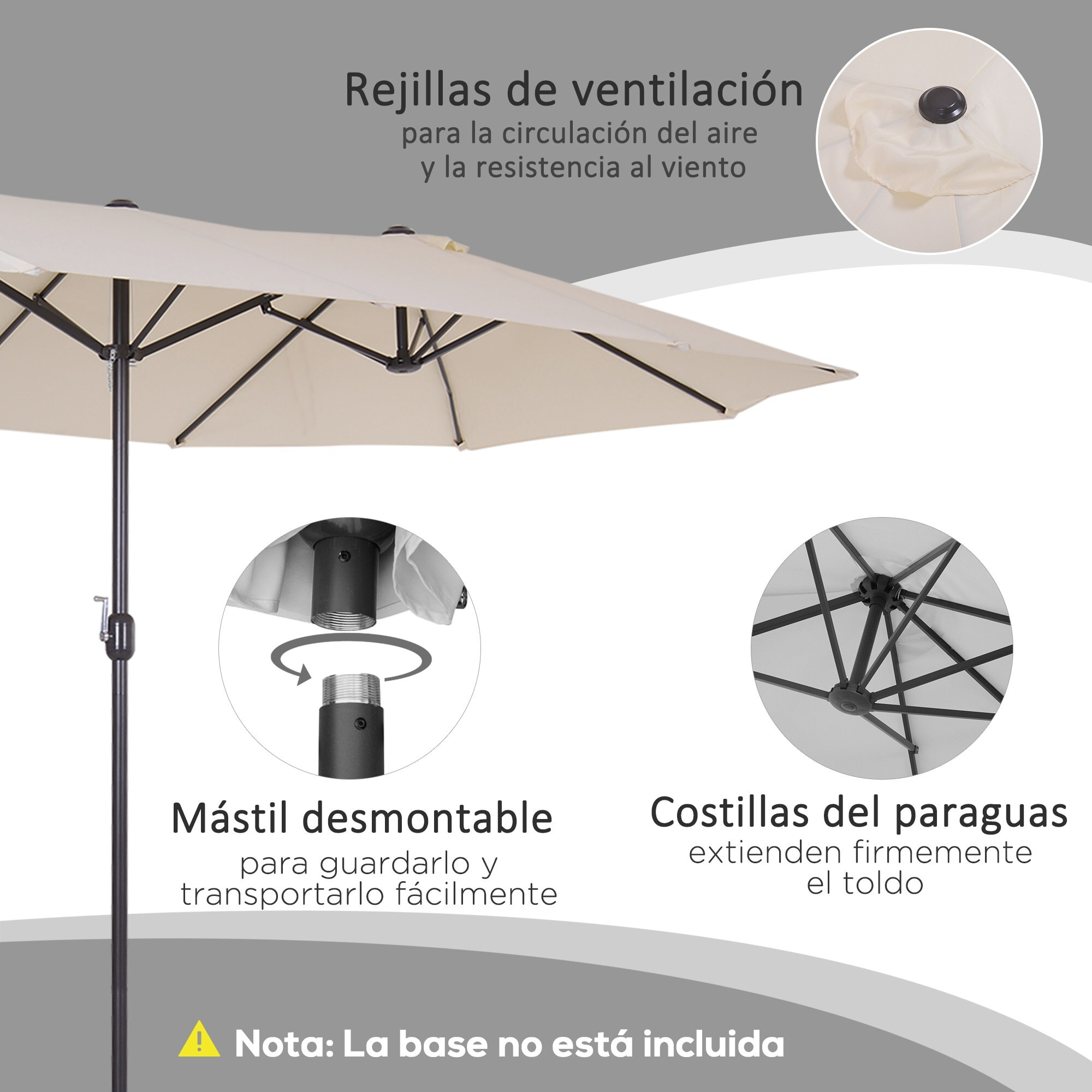 Conjunto de Sombrilla Doble y 2 Tumbonas Plegables en Forma de S para Piscina Patio Jardín Terraza 4,55x2,65x2,38 m 165x61x63 cm Beige y Negro