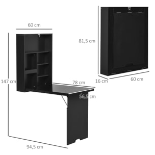 Bureau mural pliable table murale rabattable suspendue sur pied étagère + tableau à craie intégré MDF noir