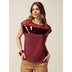 Oltre - Camiseta de dos materiales con lentejuelas - Burgundy