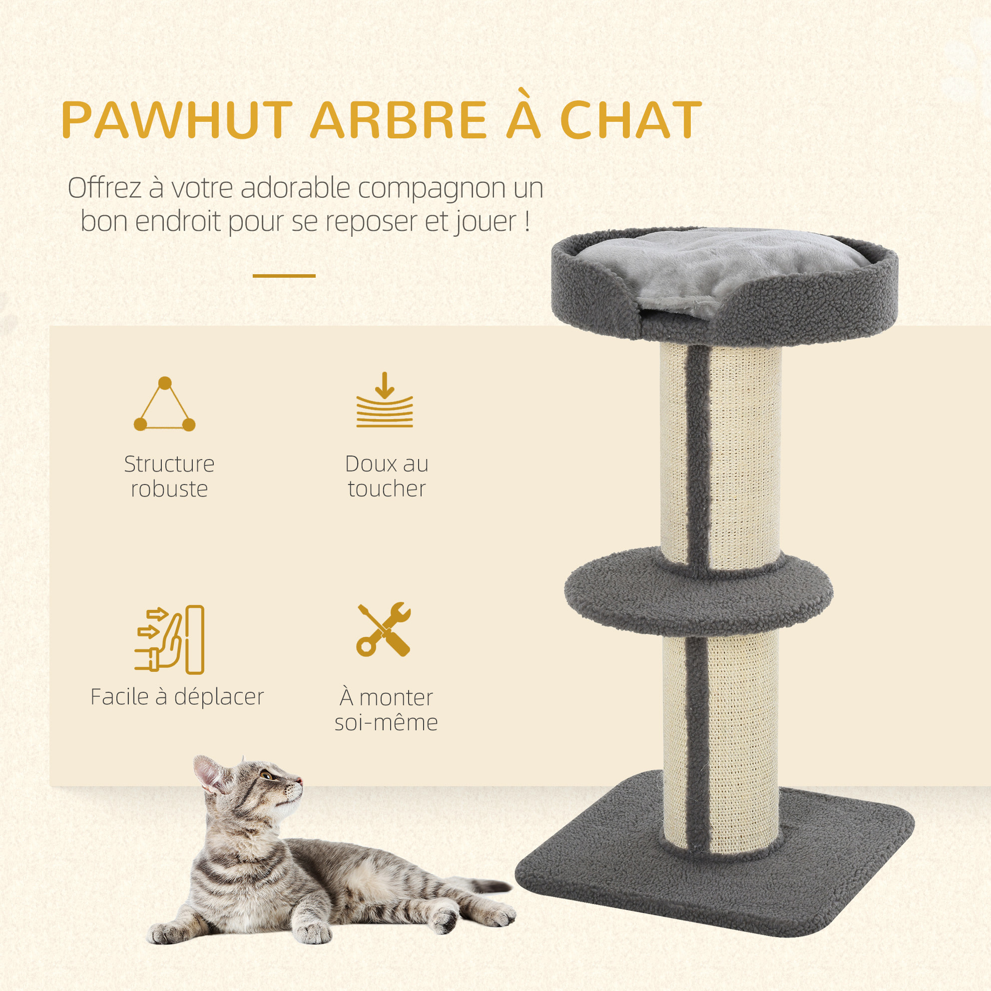 Arbre à chat avec griffoir centre d'activités 2 plateformes coussin gris
